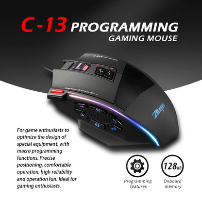 ZELOTES C-13 RGB Gaming Mouse with Side Buttons Macro Programming 10000DPI Adjustable 13 Key Wired USB Backlit Mouse for Desktop