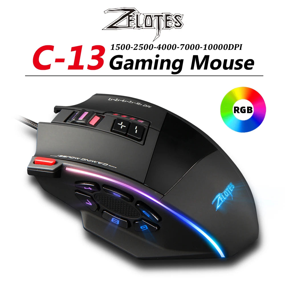 ZELOTES C-13 RGB Gaming Mouse with Side Buttons Macro Programming 10000DPI Adjustable 13 Key Wired USB Backlit Mouse for Desktop