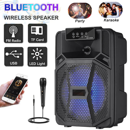 8'' Portable Bluetooth Speaker Sub Woofer Heavy Bass Sound System Party Karaoke Dj Led Light Loud Rechargeable Speaker