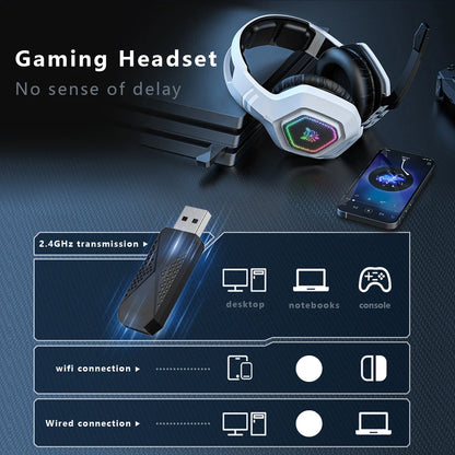 Wireless Gaming Headset 2.4GHz/BT 5.3/Wired Over Ear Headphones RGB Light Gaming Headphones for PS4 PC Laptop