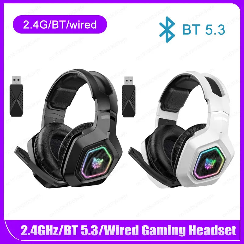 Wireless Gaming Headset 2.4GHz/BT 5.3/Wired Over Ear Headphones RGB Light Gaming Headphones for PS4 PC Laptop